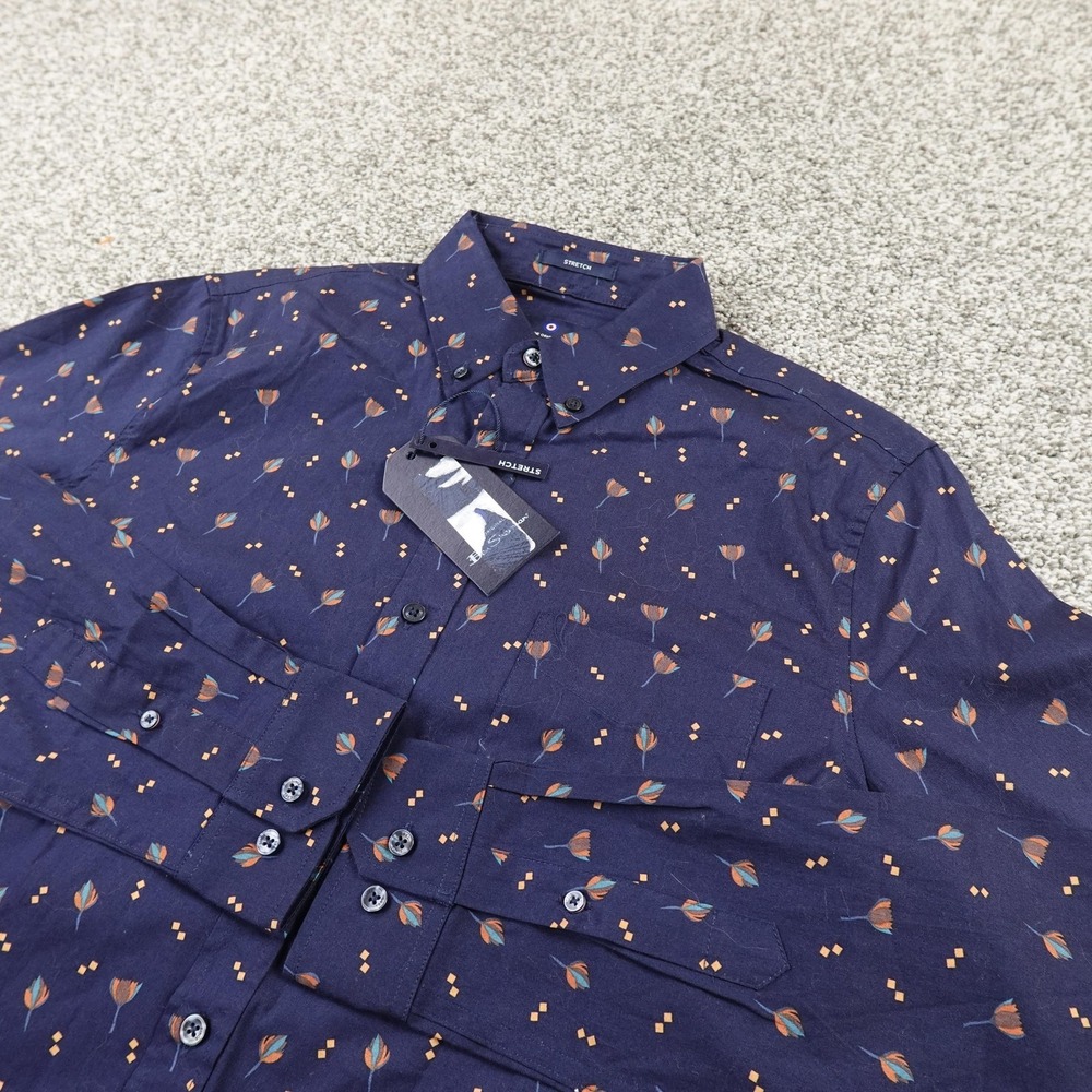 NEW Ben Sherman Shirt Mens S Blue Floral Print Long Sleeve Button Up Stretch Top